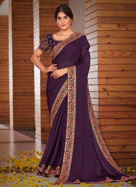 Purple Colour Latest Wedding Wear Satin Silk Georgette Embroidered Saree Collection 41717
